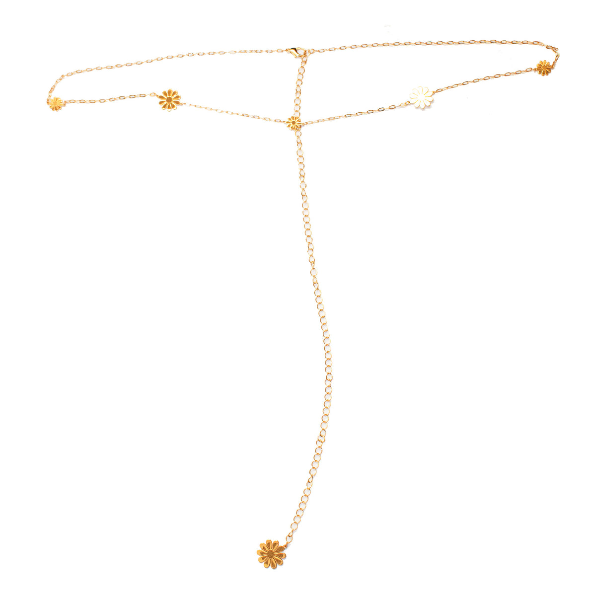 Beach Proof Jewelry Golden Bloom Coastal Belly Chain against marble background showcasing length and dimension.